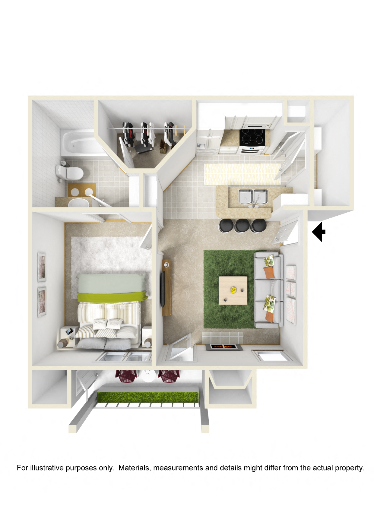 Floor plan for 1 bed, 1 bath, 650 sqft